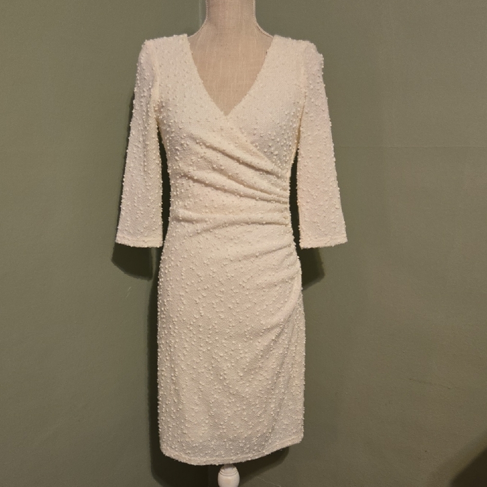 Joseph Ribkoff Cream Textured Cocktail Dress Women Size 4 Sequin Party
